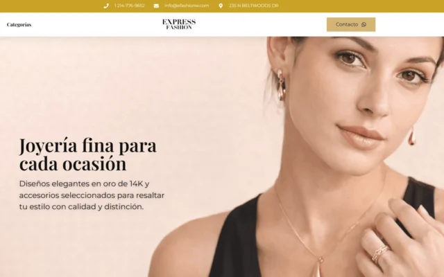 Portada del sitio de Express Fashion World: titular "Joyería fina para cada ocasión" junto a una modelo con aretes y collar de oro