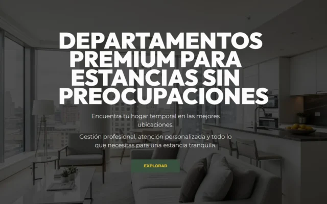 Portada del sitio de Inmobiliaria TGGB: titular "Departamentos premium para estancias sin preocupaciones" sobre la sala de un apartamento moderno